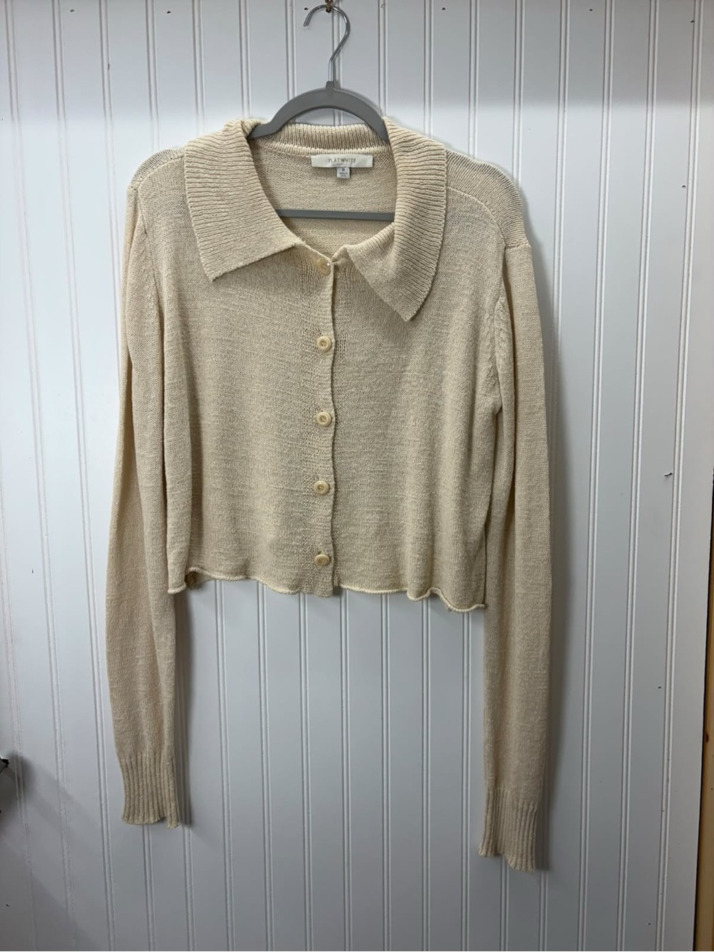 Flat white Cropped Cream cottagecore neutral Button-Front Collared Cardigan